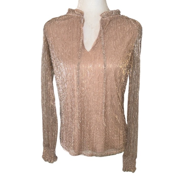 Joie Metallic Striped Gold Silver Tie Neck Blouse - M - Picture 3 of 14